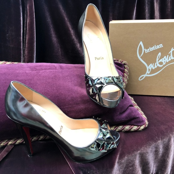 Louboutin Pewter Peep-Toe Studded Pumps - Picture 3 of 8